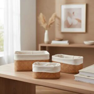 Set 3 Canastos Bamboo Cuad.Funda Tela Removible